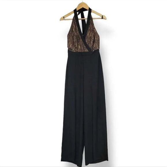 NEW BCBG MAXAZRIA Faux Wrap Lace Halter Split Hem Jumpsuit in Black Size Small - Picture 4 of 13